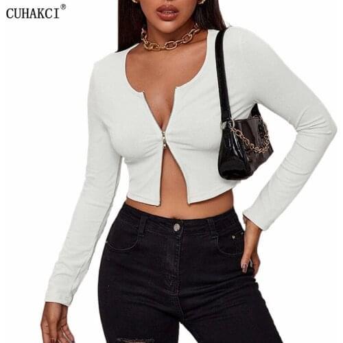 CUHAKCI Women Sexy Bodycon T Shirt Zippers Autunmn Women Long Sleeve V Neck Crop Top Sheath Tees Fashion Autumn White Solid Tops