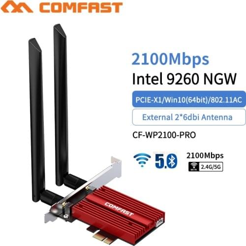 Dual Band 2100Mbps Desktop Wireless PCI-E WiFi 9260NGW Bluetooth 5.0 Adapter 802.11AC 2.4G/5G MU-MIMO Windows10 2*6dbi Antenna