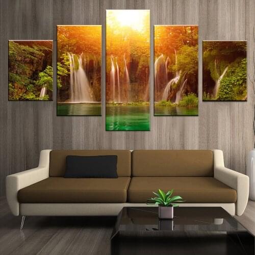 Canvas Painting Wall Art Living Room Decor 5 Piece Sunshine Waterfall Lake Natural Landscape Poster HD Prints Pictures Framework