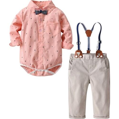 VTOM Toddler Baby Boys Gentleman Clothes Sets Long-Sleeved Romper+Suspenders Pants 2Pcs Wedding Party Casual Outfits XN88