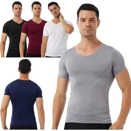 Plus Size Tops Men Shirt Summer Solid Color V Neck Short Sleeve T-Shirt Classic Casual Thin Stretchy Slim Fit Undershirt Tops