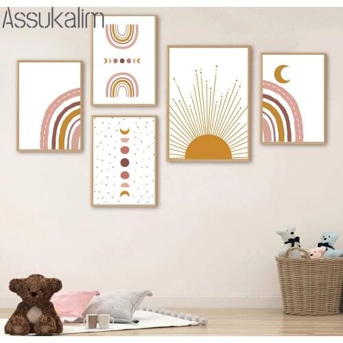 Rainbow Poster Sun Moon Wall Art Prints Nursery Canvas Painting Boho Posters Nordic Wall Pictures For Baby Room Decoration