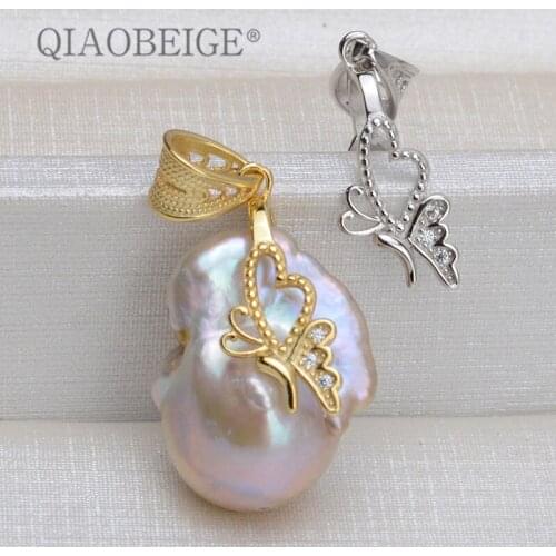 QIAOBEIGE DIY Pearl Accessory S925 Sterling Silver Baroque Pearl Pendant Settings Elegant butterfly Design Pendant Holder 3Pcs