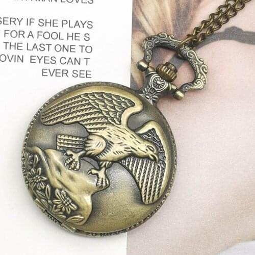 Top Brand Bronze Eagle Pattern Quartz Pocket Watch Pendant Necklace For Men with Fob Chain Watch Free Shipping TD2027