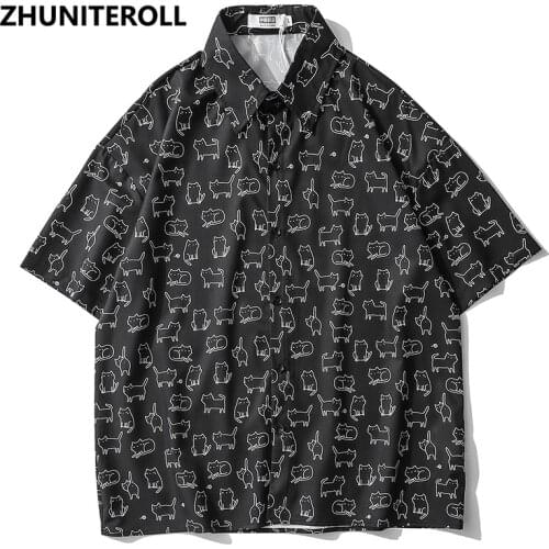 2021 Hip Hop Hawaiian Shirt Harajuku Funny Cartoon Cat Print Beach Shirt Men Summer Short Sleeve Aloha Shirt Thin Streetwear