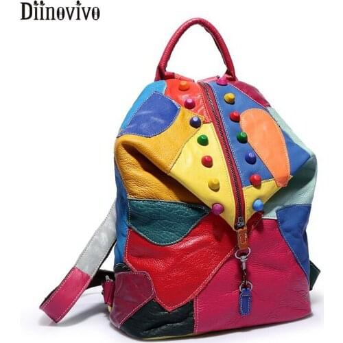 DIINOVIVO Patchwork Women Backpacks Cow Leather Backpack Female Rivet Shoulder Bag Travel Backpack School Bags For Girl WHDV1199