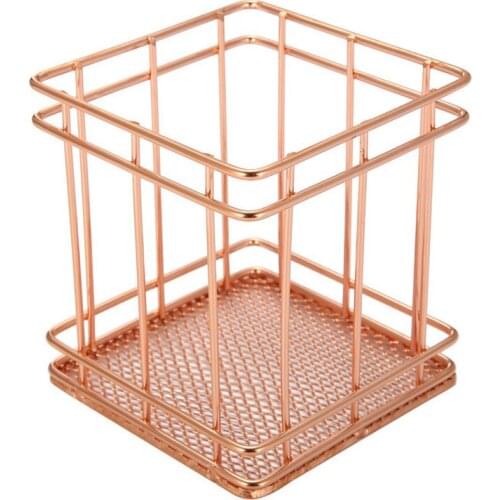 Rose Gold Wire Net Pencil / Pen Cup Square Iron Mesh Pen / Pencil Cup Stationery Organizer Desk Sorter For Office Home School