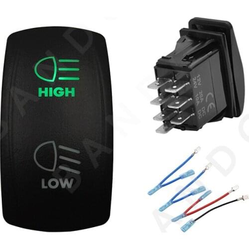 HIGH LOW 7P ON-OFF-ON DPDT Green LED Light Laser-Etched Rocker Switch for the Car Boat Marine Yacht ARB RV Buses，Jumper Wires