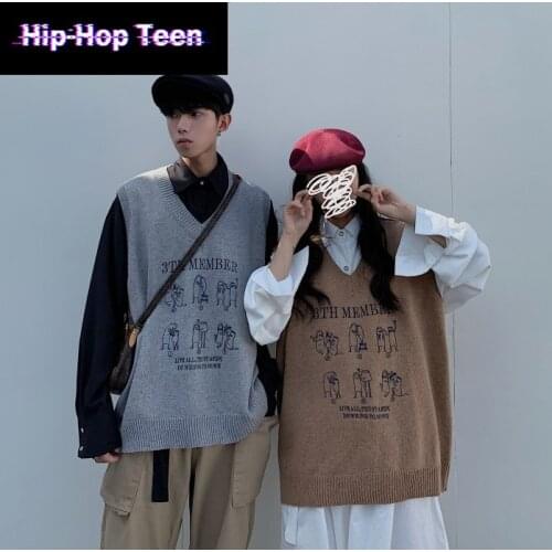 Japanese Manga Sweater Vest Men 2XL Simple All-match V-neck Couples Retro Khaki Soft Ulzzang Loose Men Women Knitted Vests