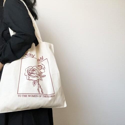 Youda Korean Design Letter Rose Womens Cotton Handbags Flower Canvas Shoulder Bag Art Ladies Book Shopping Bags for Girls