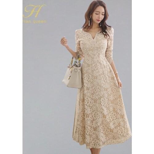 H Han Queen Temperate A-line Lace Dress Women Spring Full Sleeve Long Swing Dresses OL Special Occasion Evening Party Vestidos