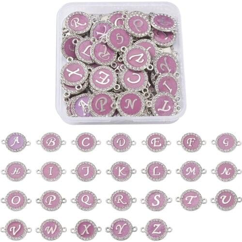 26 Letters Alloy Enamel Links Connectors with Crystal Rhinestones Flat Round with Letter Letter A~Z, 22x16x2mm, Hole: 1.8mm