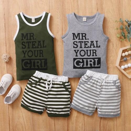 6M-3Years Boy’s Vest and Shorts Suit Special Letter Printed Sleeveless Tops and Stripe Short Pants