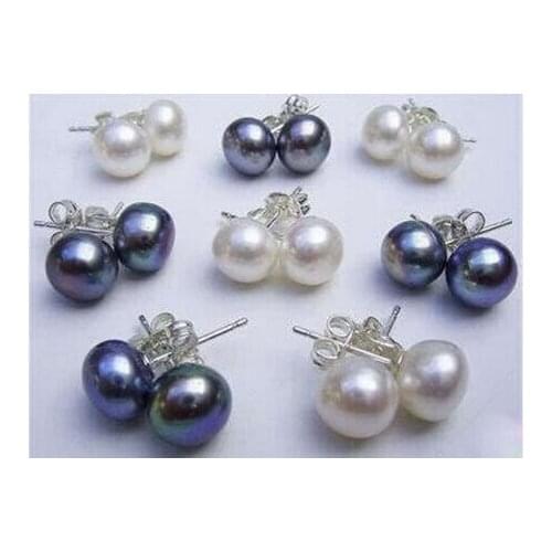8pairs Natural White & Black 7-8MM Akoya Cultured Pearl Earrings AAA Grade>Lovely Fine Nobility Ladys Womens Earrings