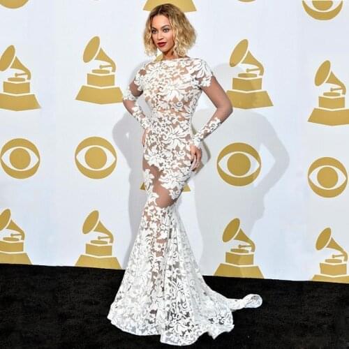 White Celebrity Dresses Mermaid Long Sleeves Tulle Appliques Backless See Through Long Famous Formal Red Carpet Dresses