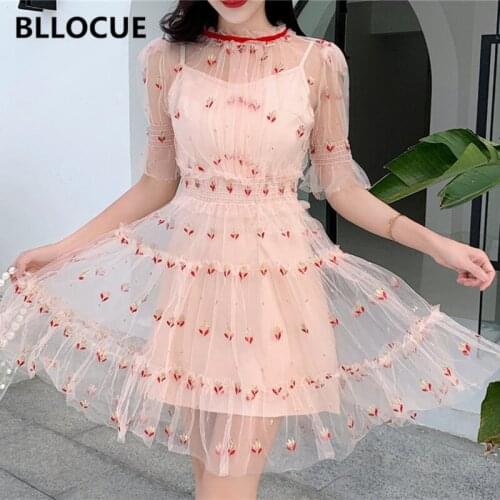 BLLOCUE Sweet Flower Embroidery Mesh Dress 2020 Summer Women Runway Puff Sleeve Ruffles Casual Party Princess Floral Dress