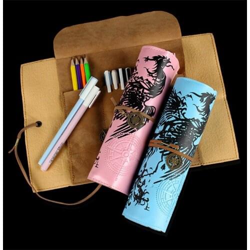 Retro Colored Phoenix Roll Pencil Case for Girls Boys PU Leather Purse Pouch Makeup Pencilcase Cosmetic Kawaii Bag Stationery