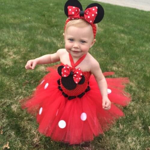 Girls Red Mickey Minnie Tutu Dress Baby Crochet Tulle Tutus Cartoon Dress with Dots Bow and Headband Kids Party Cosplay Dresses