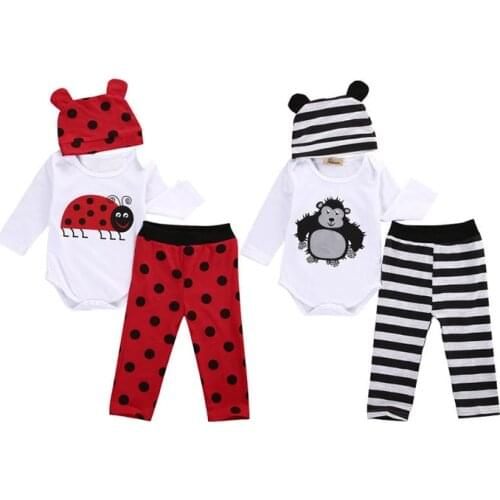 Newborn Baby Boys Girls Cotton 3PCS 0-18M 2 Style Long Sleeve O-Neck Covered Button Cartoon White Romper Tops Striped Pants Hat