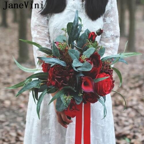 JaneVini Vintage Wedding Bouquets Dark Red Bridal Roses Artificial Boho Silk Flower Bouquet De Mariage Bride Wedding Accessories
