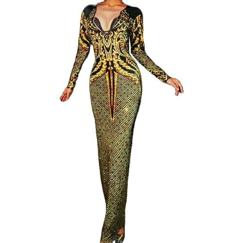 Sparkly Rhinestones Women Floor-Length Dress Gold Long Sleeve Dress Nightclub DJ Singer Dance Stage Wear Evening Prom Costumes