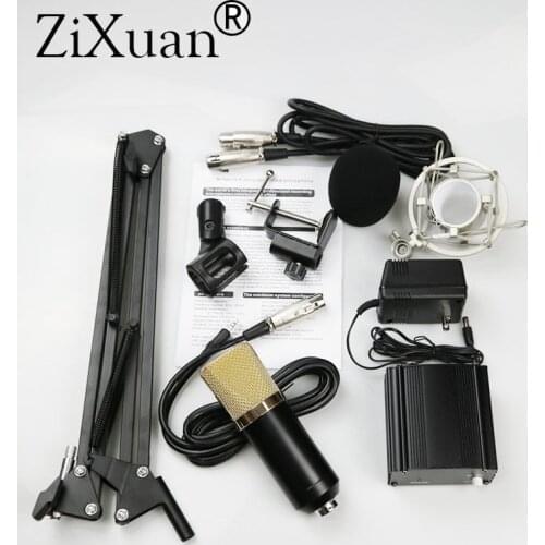 Condenser Microphone Kit Black 48V Phantom Power Supply XLR Cable for Home Studio Recording Boom Scissor Arm Stand