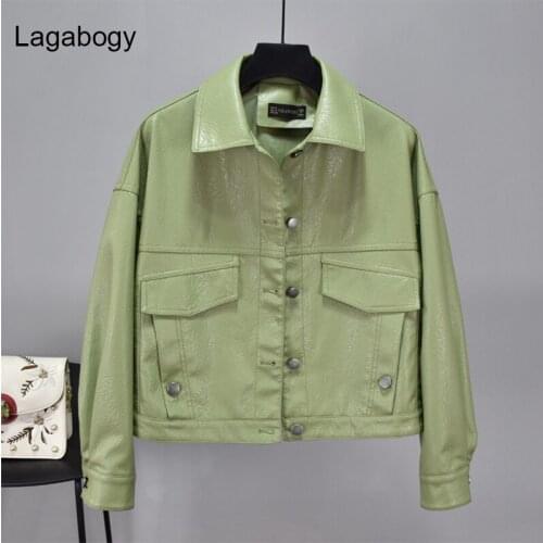 Lagabogy Women Autumn Faux Leather Jacket Batwing Sleeve Female Short Coat Single Breasted Pu Motorcycle Biker Loose Outerwear