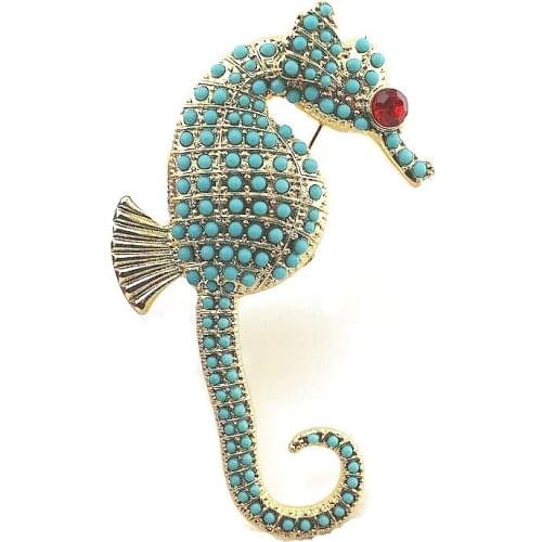 Fashionable new alloy seahorse inlaid with blue beads animal style Brooch for womens accessories