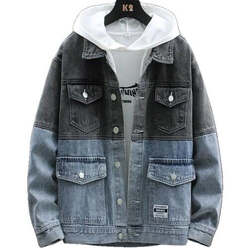 Mens Gradient Stitching Fashion Denim Jacket Clothing Casual Loose Short Denim Coat Spring And Autumn