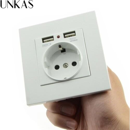 UNKAS Wall Socket Power 16A EU Standard White PC Plastic Outlet With 2A Dual USB Charger Port for Mobile Phone