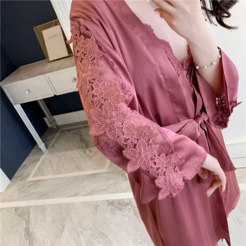 Autumn Lace Sexy Women Robe Set With Chest Pad Nightdress Cardigan Set Sleepwear lace Embroidery applique Cutout sleeves sets