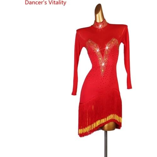 Latin Dance Female adult High-end Rhinestones Dress Competition Clothes New Child Professional Custom Tassel Performance Skirt