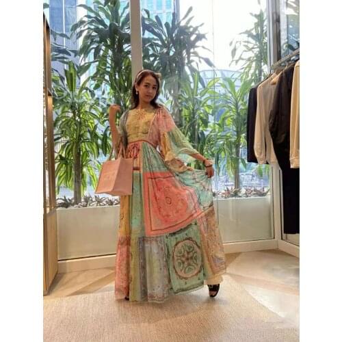 Early spring 2021 new ethnic color contrast round neck patchwork print wide sleeve dress