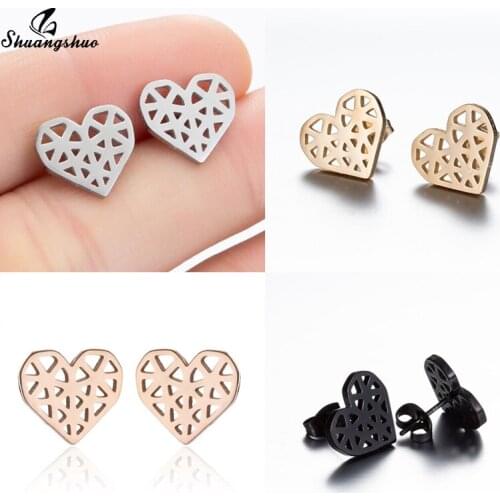 Shuangshuo Classic Tiny Cute Origami Heart Stud Earrings for Women Bohemian Stainless Steel oorbellen Accessories Bff Love Gift