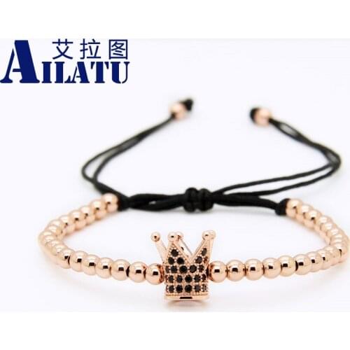 Ailatu Jewelry 4mm Copper Beads with Black Cz Crown Charm Men Macrame Bracelet Party Gift Pulseira Hombres