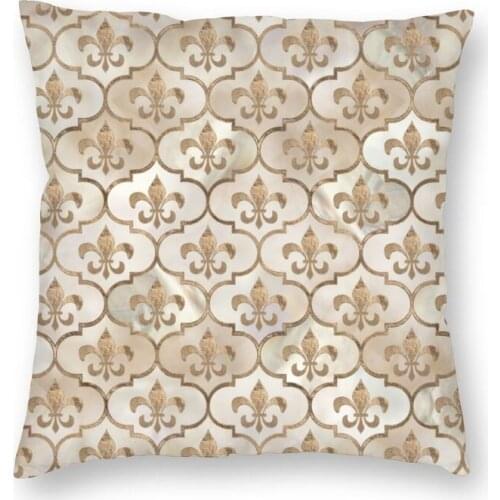 Pearl And Gold Fleur De Lis Pattern Square Pillowcover Decoration Lily Flower Moroccan Cushions Throw Pillow for Sofa Printing