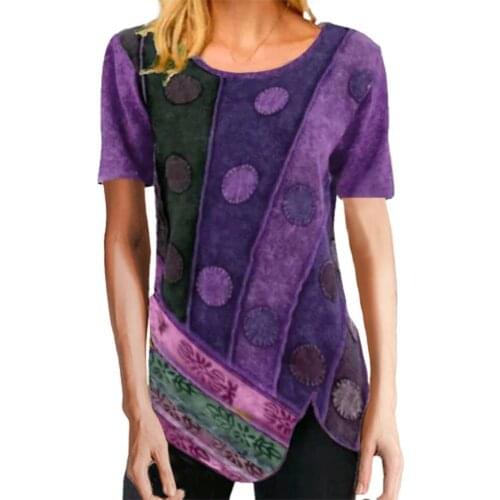 Summer Women T-Shirt Casual Loose Short Sleeve Irregular Cotton Blend O-Neck Flower Pattern Tops Daily Wear Fashion T Shirts