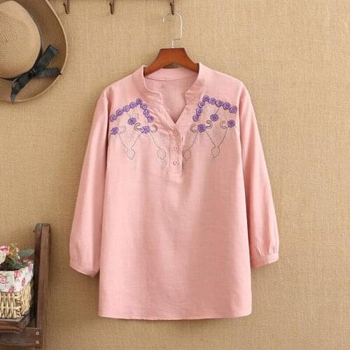 Women Plus Size 2021 Fall And Spring Clothing Natural Cotton And Linen Fabric With Embroidery On The Front Large Size Shirt
