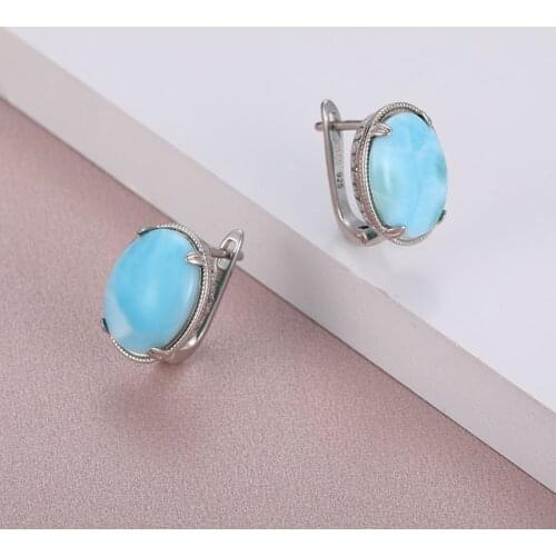 2021 Simple Fashion Geometric Round Charm 925 Sterling Silver Jewelry Gift Classic Natural Precious Larimar Earrings for Women