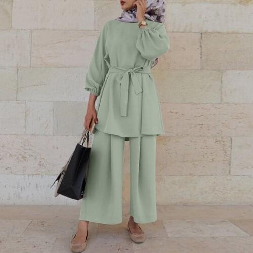 Casual Muslim Suits Sets Islamic Turkey Clothes Solid Long Sleeve Blouse ZANZEA Summer Muslim Sets Womens Elastic Waist Pants