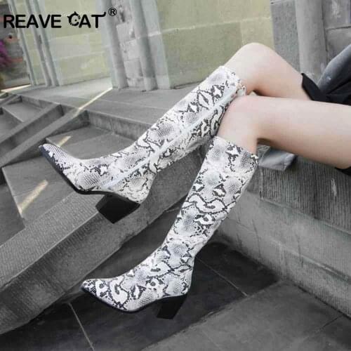 REAVE CAT 2020 Cowboy boots Knee high Snake print Pointed toe Square heel New Brand women boots wedges shoes Zipper Big size 44