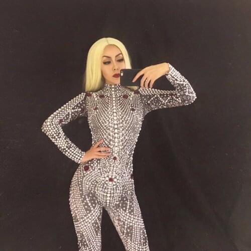 2019 High Ranking Crystals Stones Women Jumpsuit Full Pearls Sparkling Rhinestones Bodysuit Nightclub Stage Wear Bling Costume