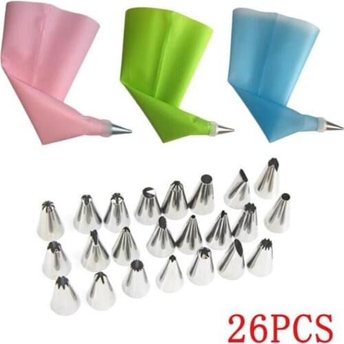 26pcs/set Cake Decorating Tools 24pcs icing piping Nozzle Tips + Cream Silicone Confectionery Bags Fondant Nozzles Converter