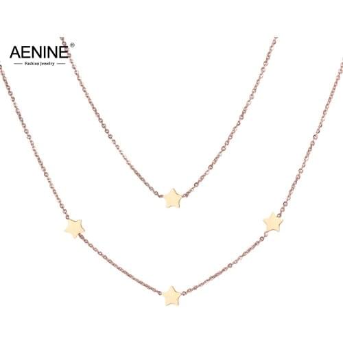 AENINE Office Style Rose Gold Chain Choker Necklaces For Girls Stainless Steel Double Layers Stars Charm Necklace AN18280