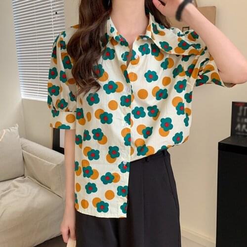 Vintage Floral Print Blouse Women Casual Short Sleeve Female Tops Shirts V-neck Streetwear Office Ladies Blouse