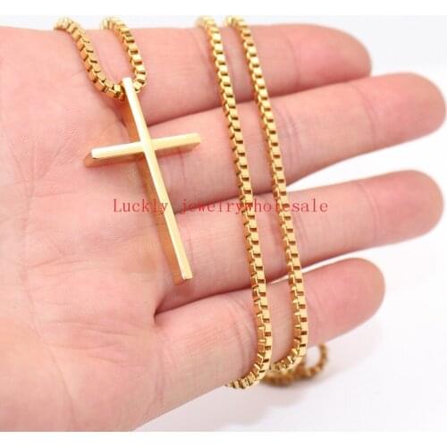 New Fashion Stainless steel Gold Emmanuel Cross Pendant Necklace Box Link Chain 2.4mm 24'' for women Men