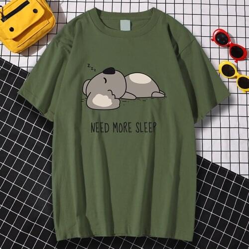 NEED MORE SLEEP Cartoons Bear Print T Shirt Mens Fashion Lovely Tops Crewneck Cotton Clothing Summer Breathable Streetwear Mens