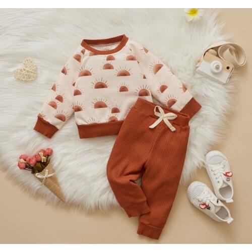 Baby Toddler Casual Two-piece Clothes Set Sun Printed Pattern Round Collar Pullover and Brown Solid Color Pants Outfit
