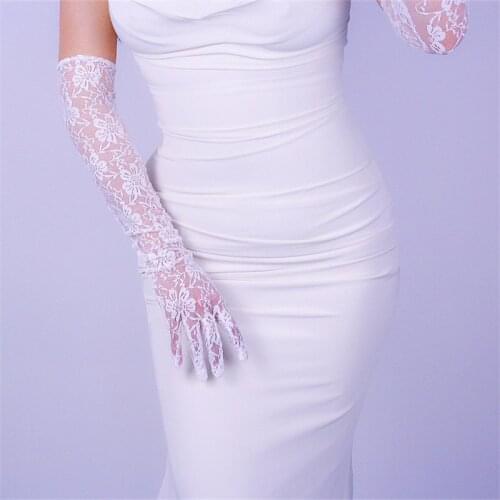 Lace Long Gloves High Elastic Black Silk Mesh Gauze Long Section White Evening Bride Marry Gloves Touchscreen Female 65cm WLS03