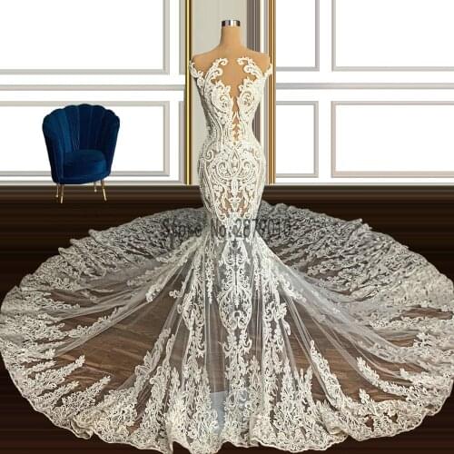 Dubai Ivory Mermaid Lace Wedding Dresses Illusion O Neck Sexy See Through Luxury Pearls Bridal Gowns Chapel Trian